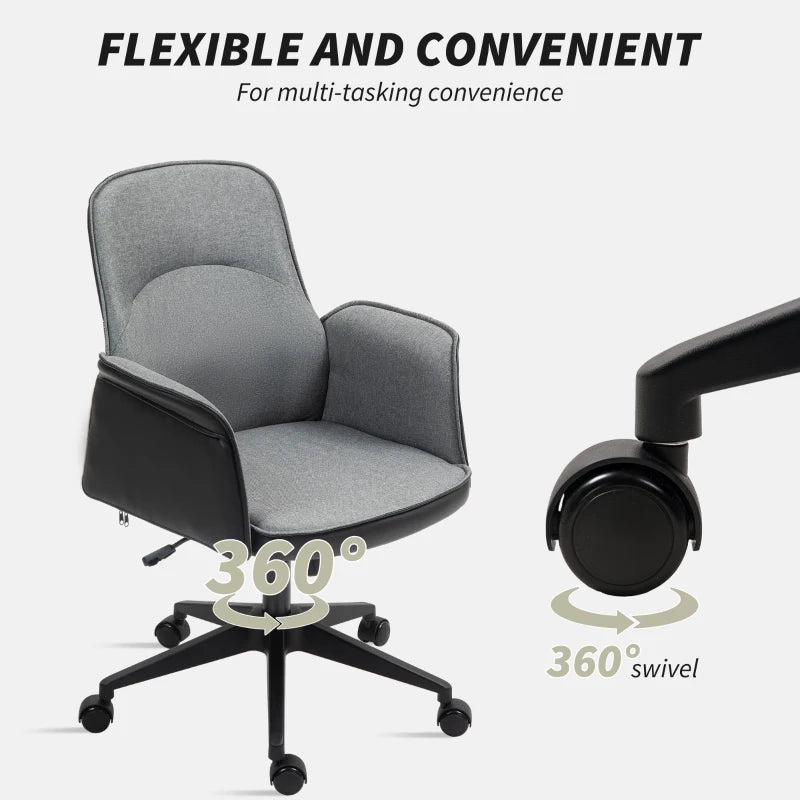 Stylish Grey Linen and Faux Leather Office Chair - Ergonomic Design for Home and Office Use