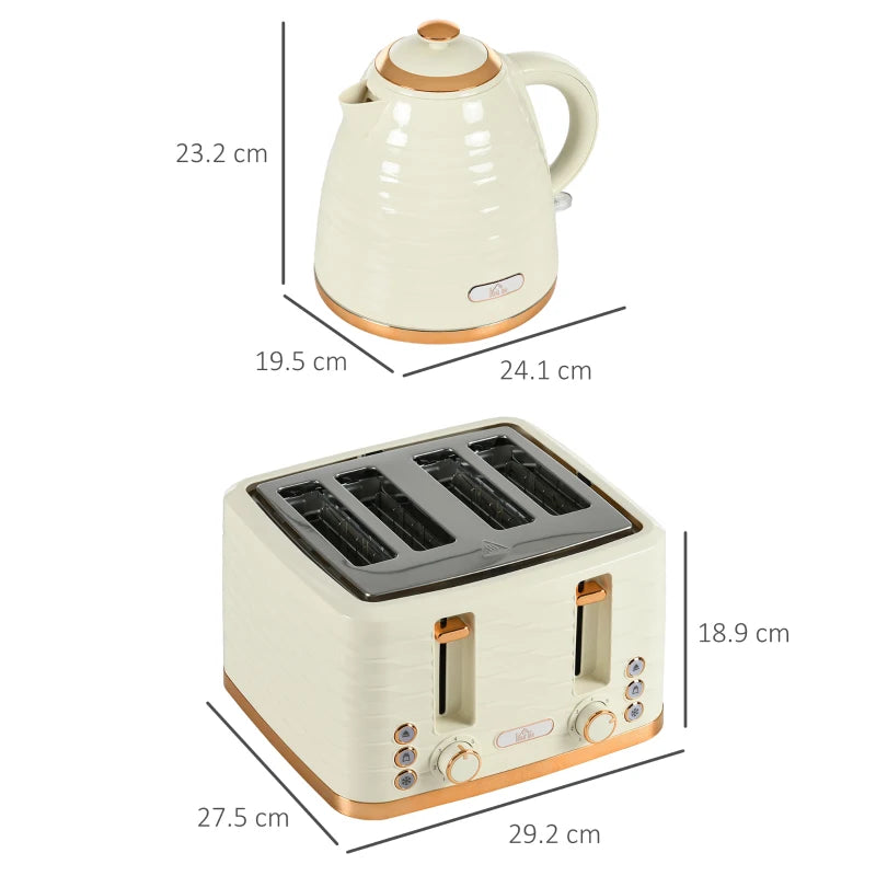 3000W Beige Kettle & 4 Slice Toaster Set - 1.7L Rapid Boil, 7 Browning Controls, Easy Clean Crumb Tray