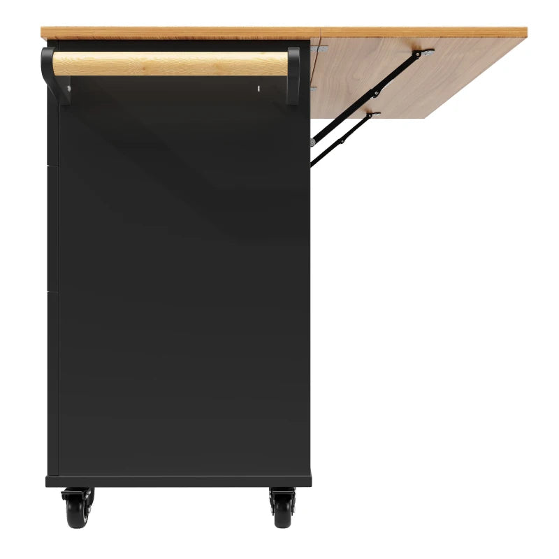 Rolling Mobile Kitchen Island Cart with Storage Drawer & Towel Rack, Drop Leaf Breakfast Bar, 121x70x88 cm, Black
