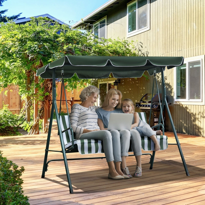 Green Padded 3-Seater Garden Swing Chair with Adjustable Canopy