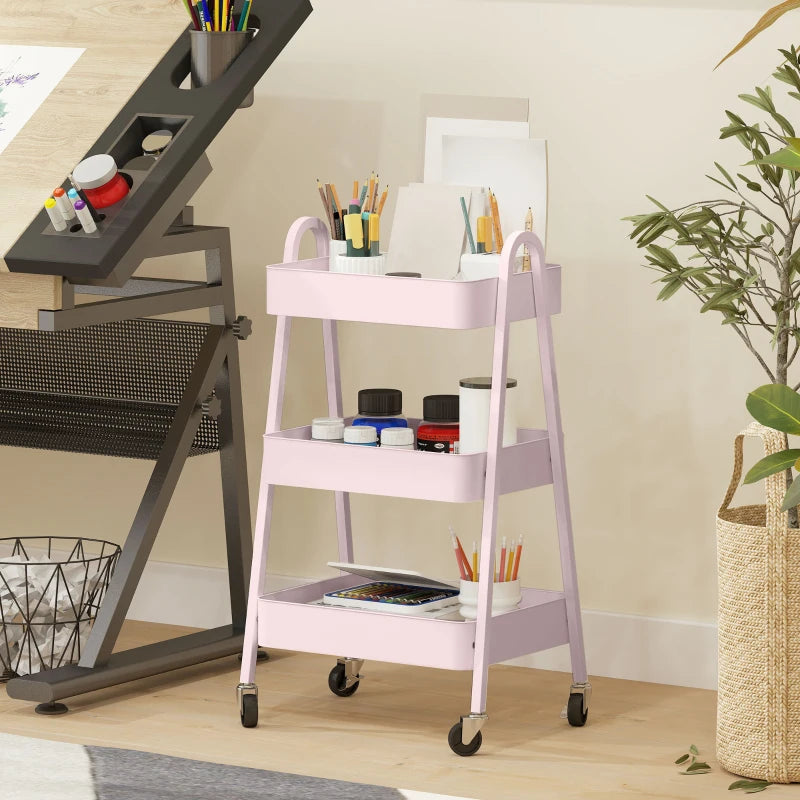 Pink Three-Tier Storage Trolley - Stylish Rolling Cart for Organizing Home, Office, or Kitchen - Versatile and Functional Design