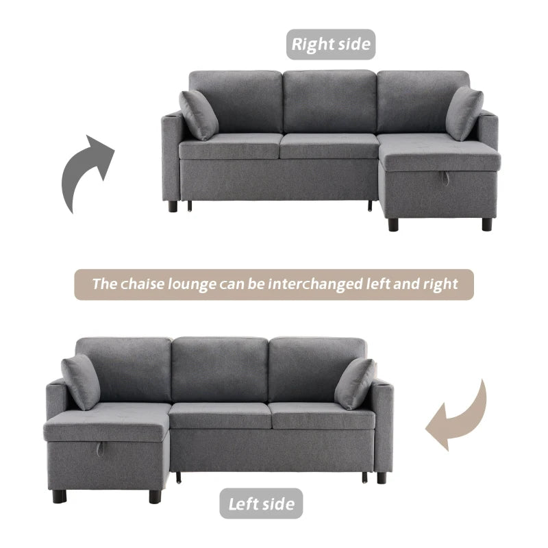 L-Shaped Linen Look Corner Sofa Bed with Storage, 3 Seater Pull-Out Settee, Grey, 212x141x87.5 cm