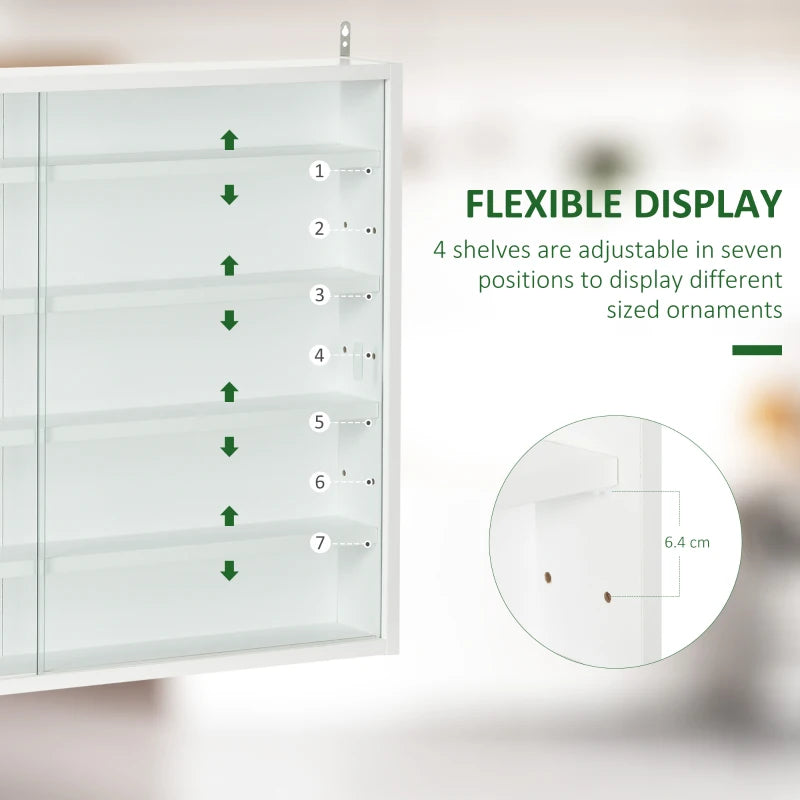 5-Tier Wall Display Shelf Unit with 4 Adjustable Shelves & Glass Doors - White Cabinet for Home Office Ornaments 60x80cm