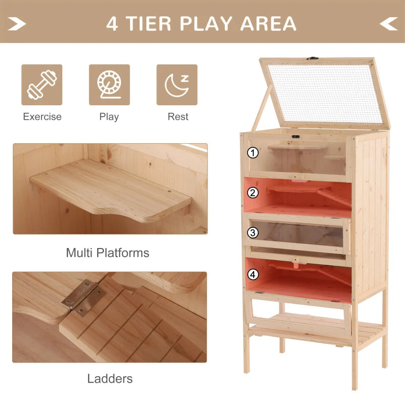 Large Wooden Hamster Cage with 4 Layers, Tall Bottom & Storage Shelf - Ideal Gerbil Habitat for Active Pets