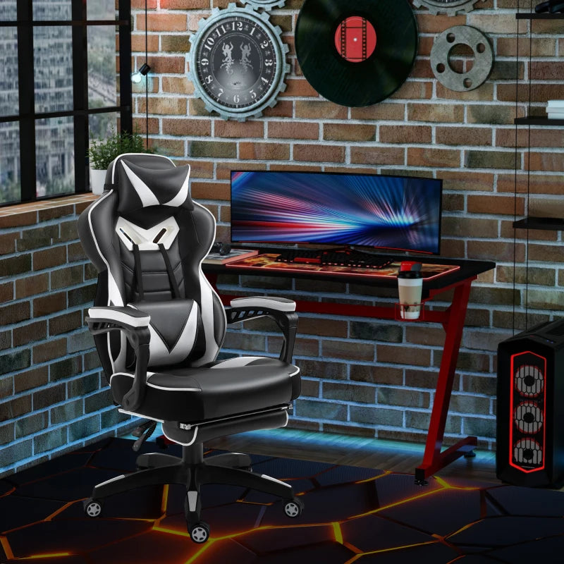 Vinsetto White Gaming Chair with Lumbar Support & Footrest - PU Leather Racing Desk Chair with Headrest & Swivel Wheels