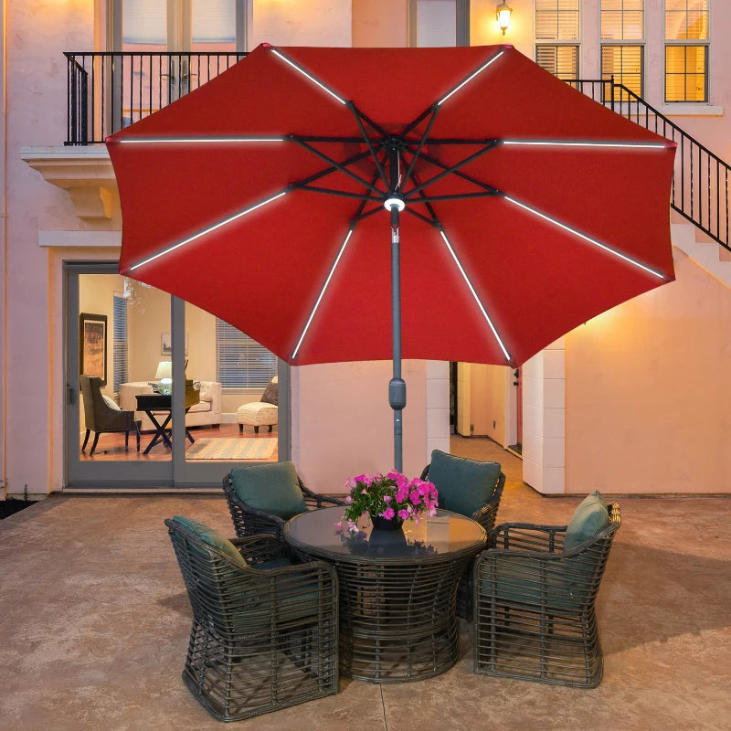 Red Solar LED Garden Parasol - 2.7m Sun Umbrella