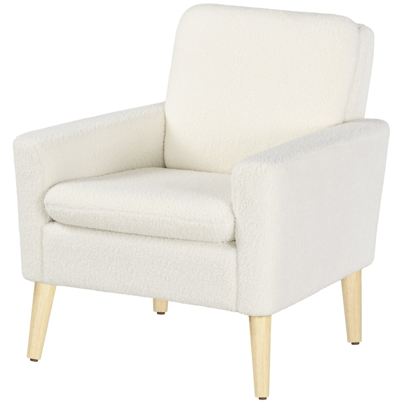 Upholstered Accent Armchair with Wooden Legs and Wide Padded Seat in Cream White, Teddy Fabric Occasional Chair
