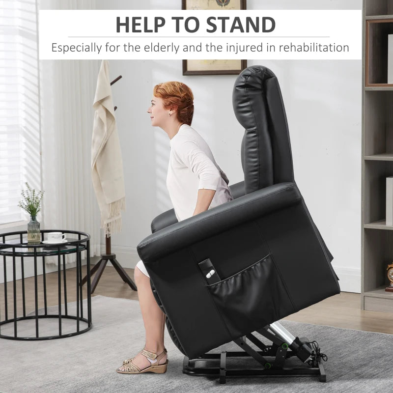 Power Lift Recliner Chair for Elderly - PU Leather Armchair with Extended Footrest, Remote Control and Side Pocket, Black