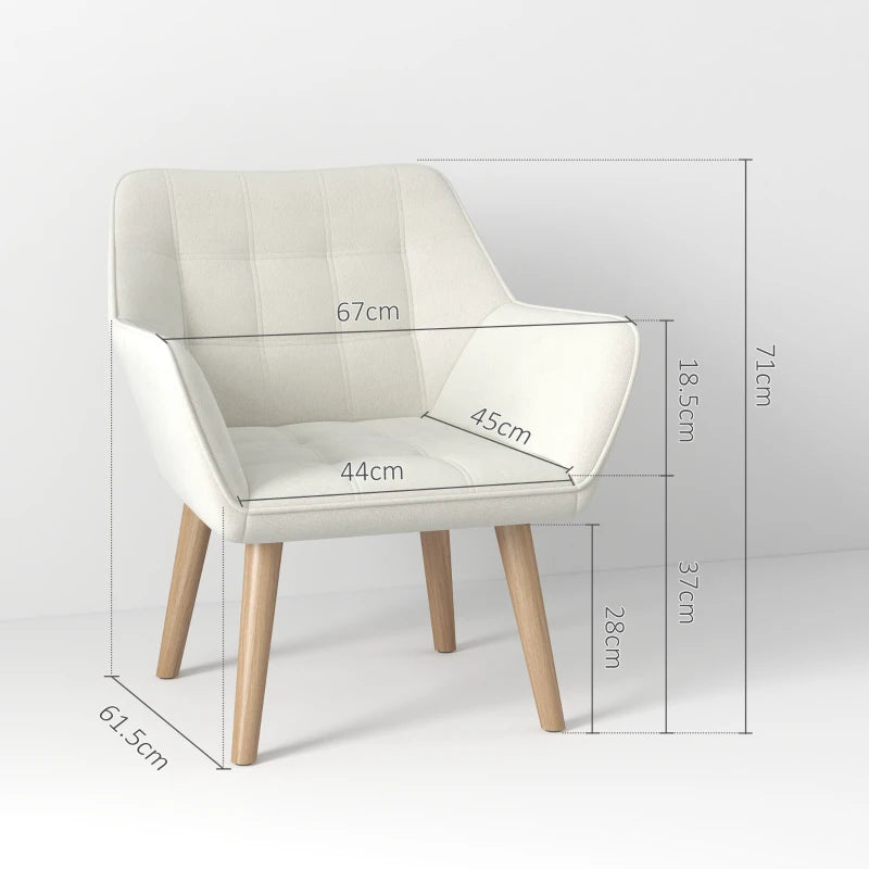 Cream White Accent Chair with Wide Arms, Slanted Back, Thick Padding and Rubber Wood Legs for Living Room