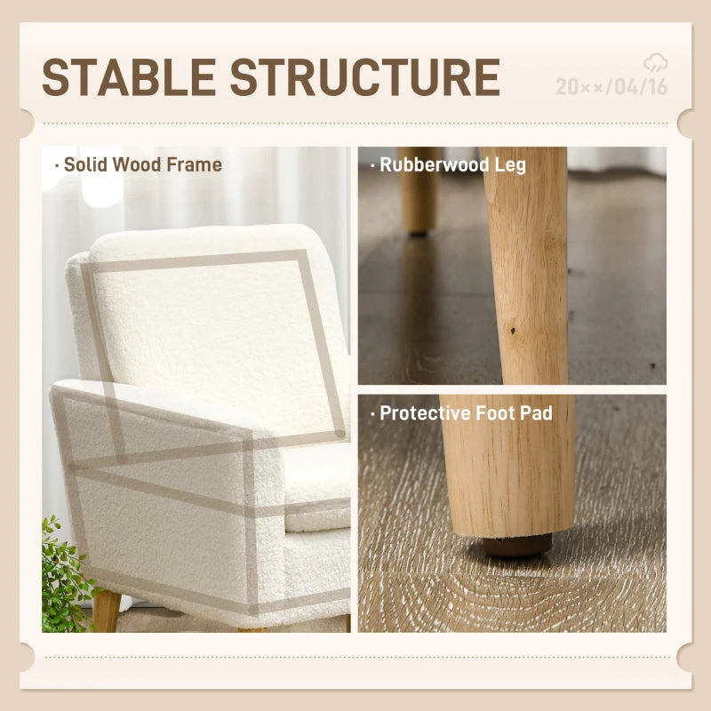 Upholstered Accent Armchair with Wooden Legs and Wide Padded Seat in Cream White, Teddy Fabric Occasional Chair
