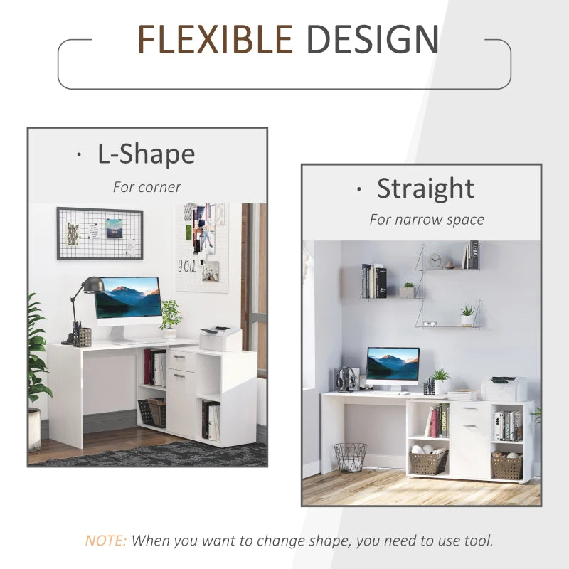 L-Shaped White Computer Desk with Storage, Drawer & Cabinet - Corner Laptop PC Workstation for Home Office, 120x115x76cm