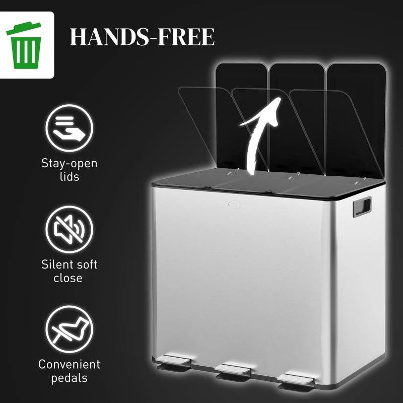 3 x 15L Steel Pedal Bin Set - Triple Kitchen Trash Can with Soft Close Lid, Removable Buckets, Fingerprint-Proof Silver