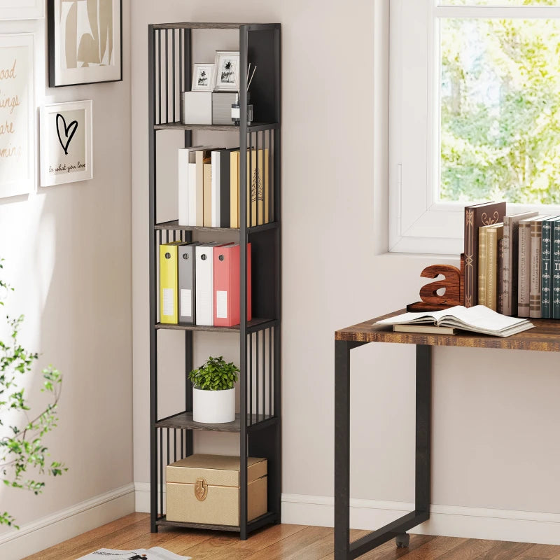 5-Tier Grey Bookshelf with Durable Steel Frame - Modern Storage Solution for Home or Office