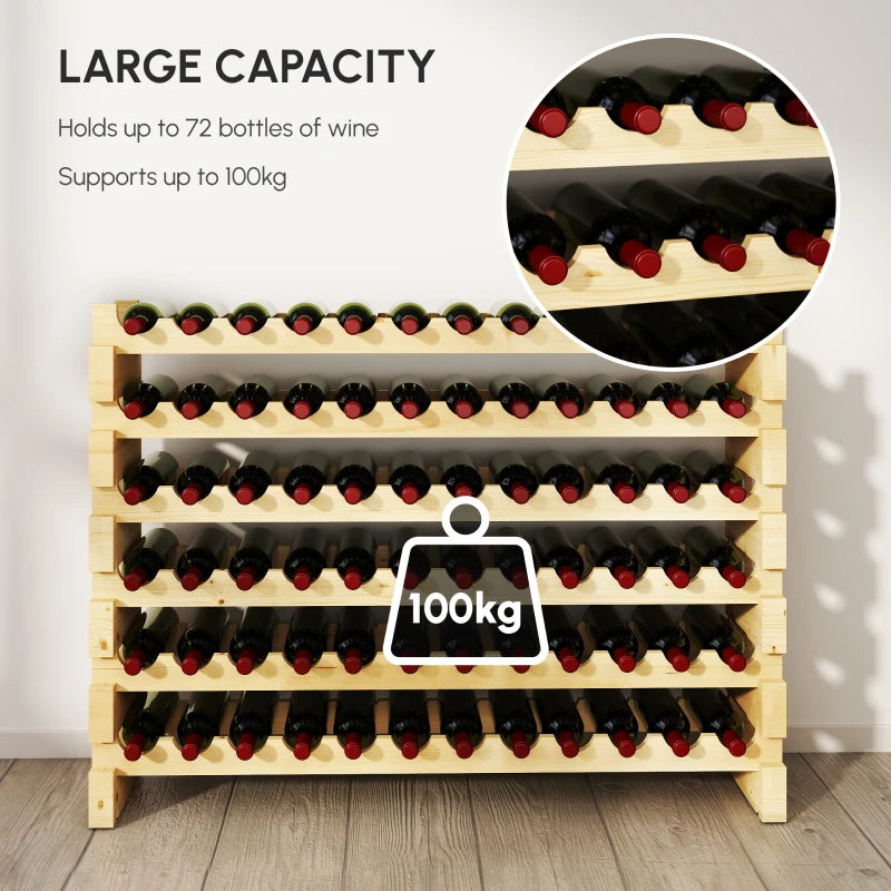 Natural Six-Tier Wooden Wine Rack for 72 Bottles - Stylish Storage Solution for Wine Enthusiasts