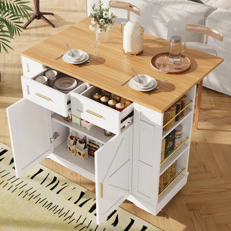 Adjustable Kitchen Island Trolley - Rolling Cart with Drawers & Storage Racks, 120x40x90 cm, White - Easy Stability
