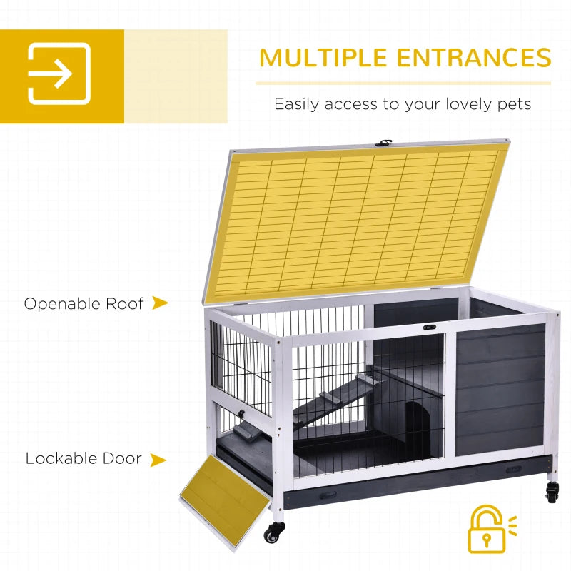 Wooden Guinea Pig Hutch & 2-Floor Bunny Cage with Enclosed Run Area - Stylish Grey Pet Home