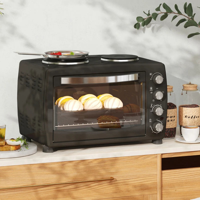 36L Electric Countertop Toaster Oven with 2 Hot Plates, Timer, Adjustable Temp, Baking Tray & Grill Rack - 2600W Black