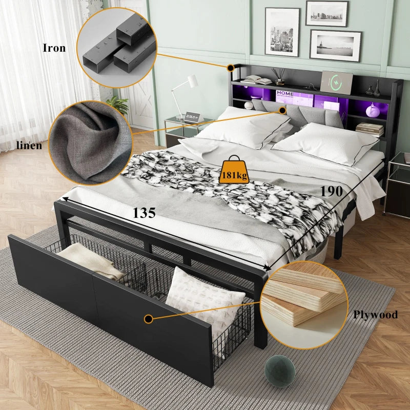 Modern Metal Bed Frame with LED Lights & Charging Ports, Storage Drawers, Padded Headboard, 209x137.5x100 cm, Black