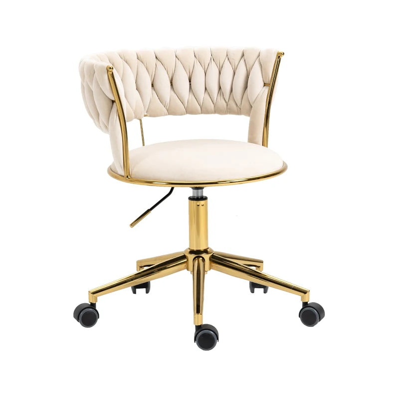 Ivory Velvet 360° Swivel Computer Chair with Backrest, Adjustable Height, 5 Wheels, Stainless Base, 62x62x77 cm