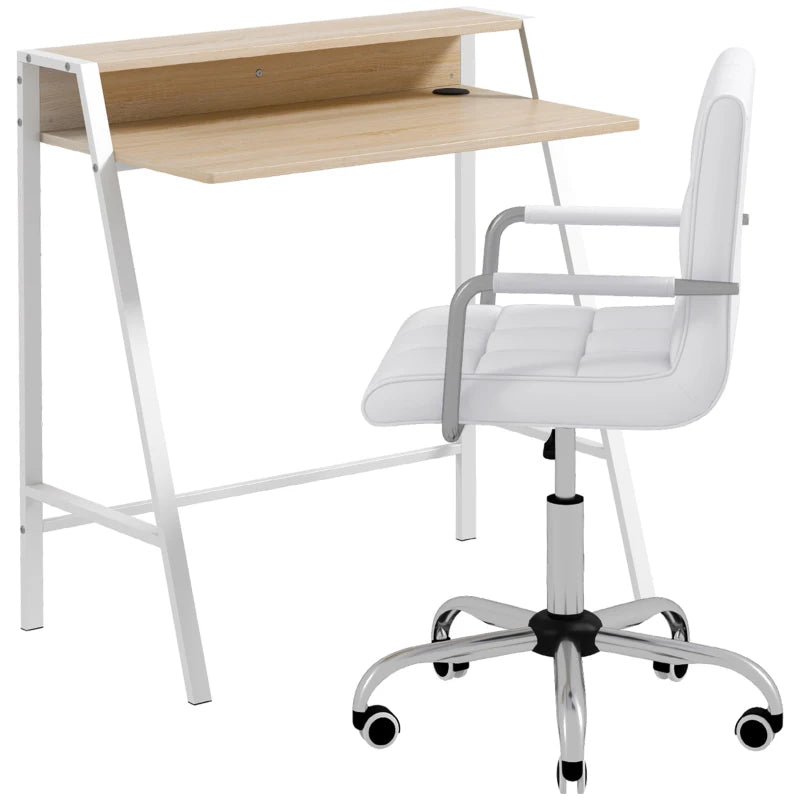 Home Office Chair and Computer Desk Set - Faux Leather Swivel Chair with Storage Shelf - Modern White Study Desk