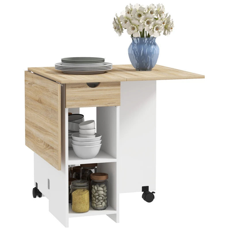 Folding Dining Table with Drop Leaf - Space-Saving Oak Table with Drawer & Storage Shelves for Kitchen & Dining Room