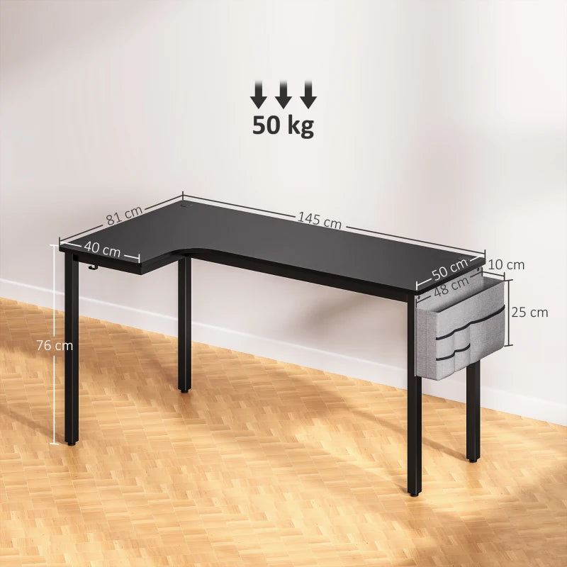 L-Shaped Gaming Desk with Fabric Bag, Hooks & Cable Management - 145x81x76cm - Stylish Black Computer Desk
