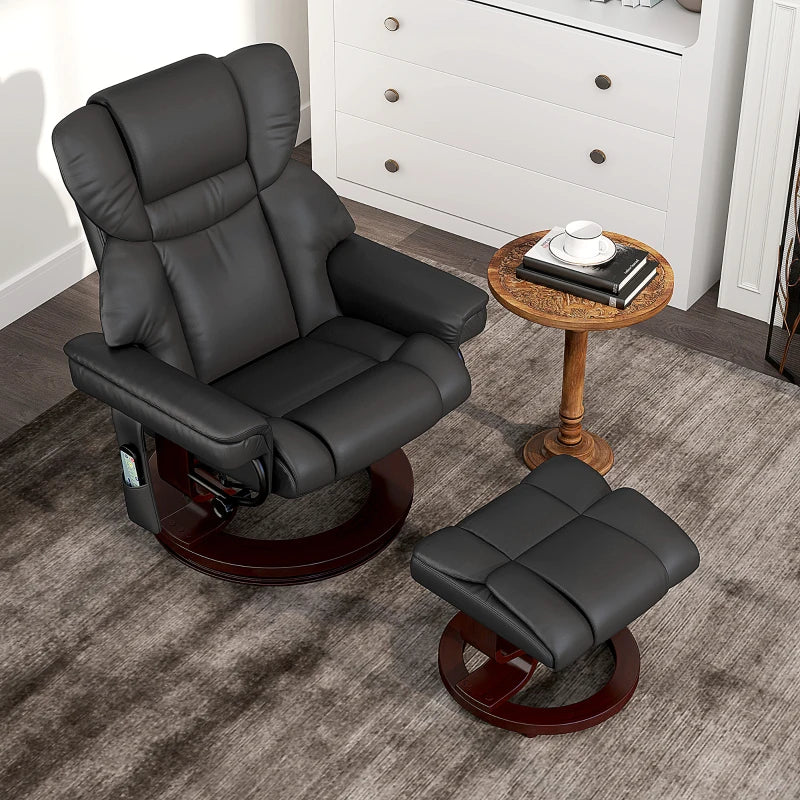 Upholstered Massage Recliner Chair with Footstool, Adjustable Backrest, Steel Frame, Swivel Armchair for Living Room and Bedroom, Black