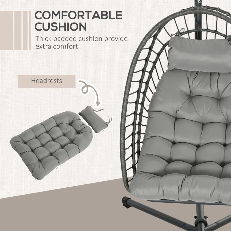 Light Grey Rattan Swing Chair with Cushion and Metal Stand