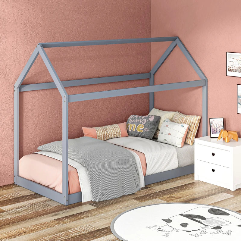 Scandinavian Style Single Bed Frame - Grey Pine Wood Base for 90x190cm Mattress - Modern Wooden Bed Design
