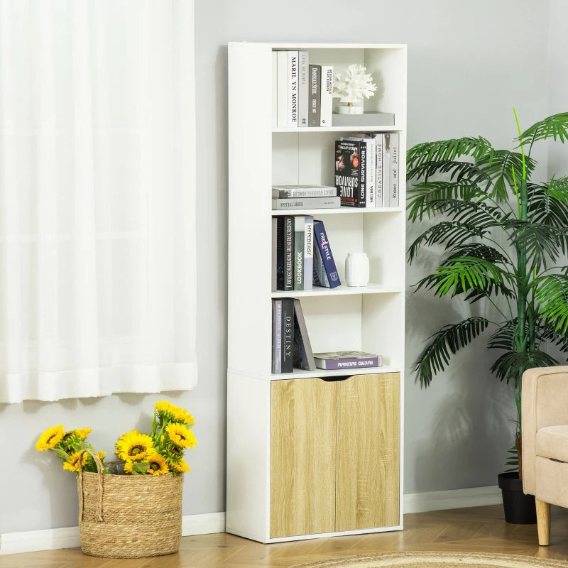 6-Tier Tall Bookcase with 4 Open Shelves & Double Door Storage Cabinet - Freestanding Display Rack for Living Room, Bedroom, Home Office - White & Oak