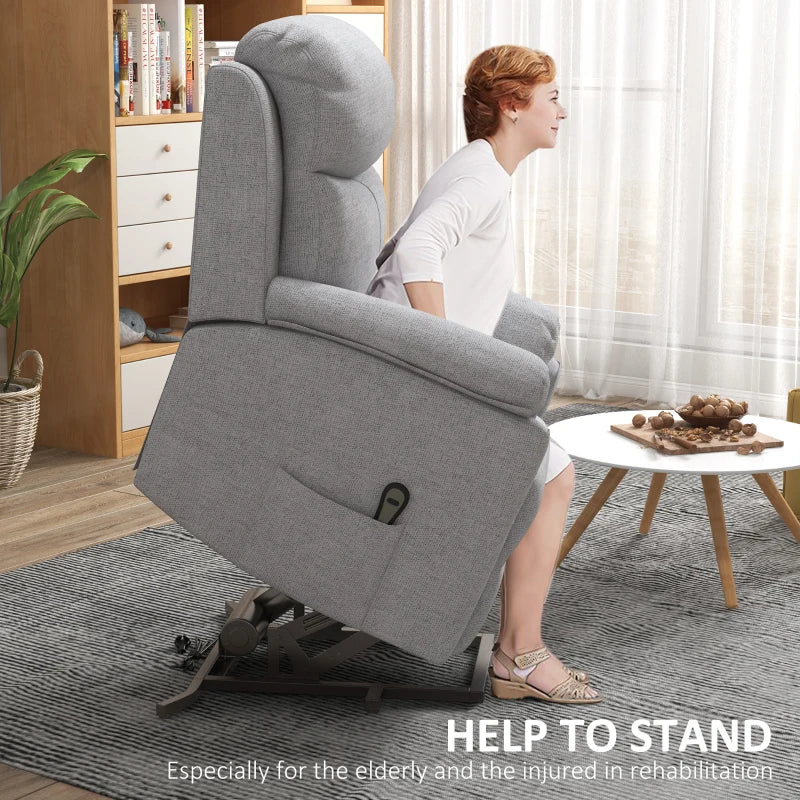 Electric Power Lift Recliner Chair for Elderly, Overstuffed Linen Fabric Armchair with Remote Control and Side Pockets, Grey