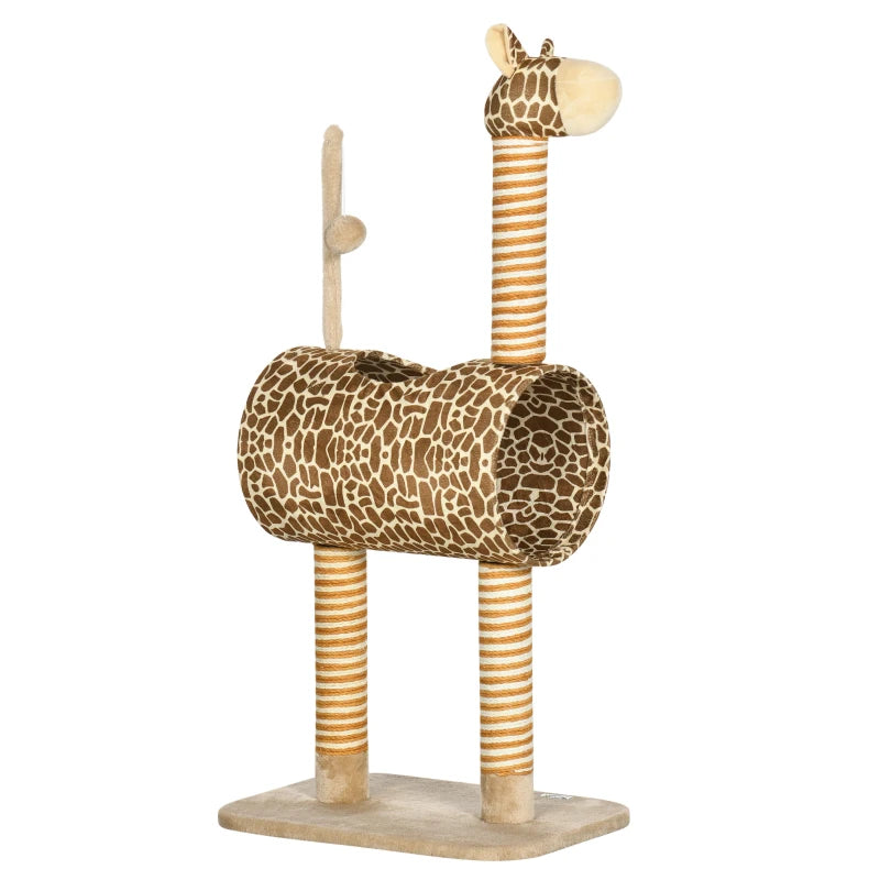 Unique Giraffe-Designed Cat Tree with Scratching Posts, Cat Tunnel & Toy Ball - Beige for Playful Cats