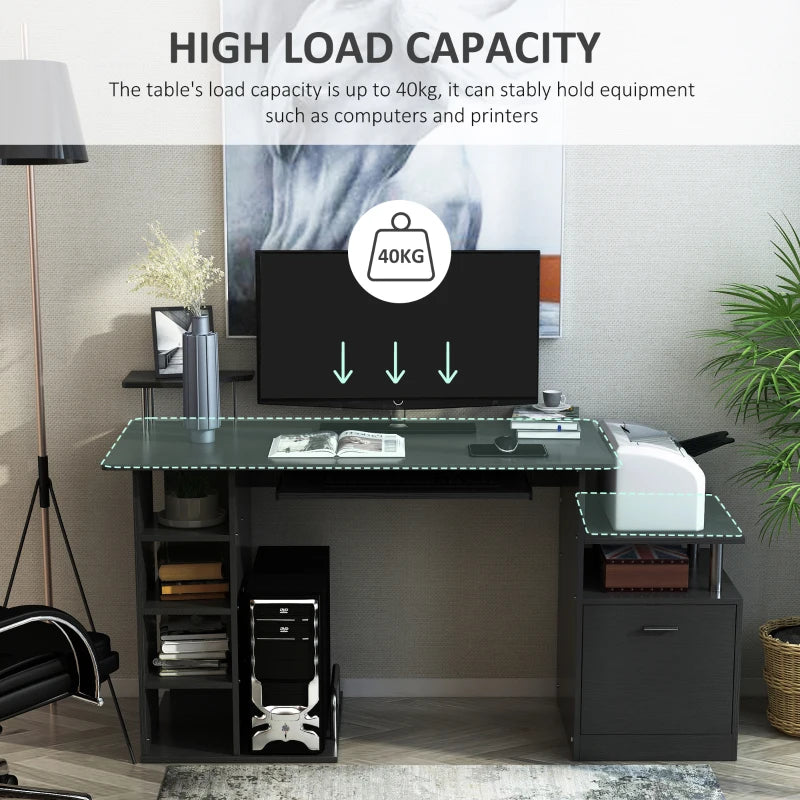 Modern Black Computer Desk with Drawer & Shelves - PC Workstation & CPU Storage Rack for Home Office - 152x60x88cm