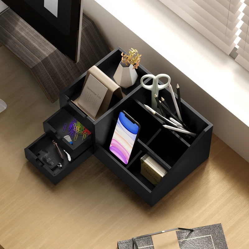 Bamboo Desk Organiser Holder - Multi-Function Storage Caddy with 7 Compartments & 2 Drawers for Home Office Supplies - Black