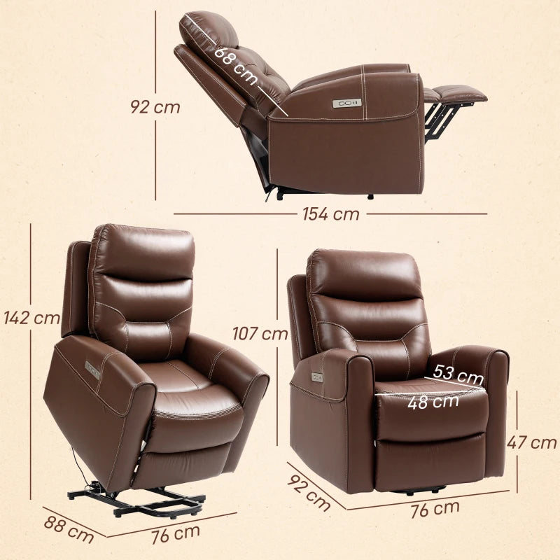 Overstuffed Faux Leather Power Lift Recliner Chair for Elderly with USB Ports and Remote Control, Brown