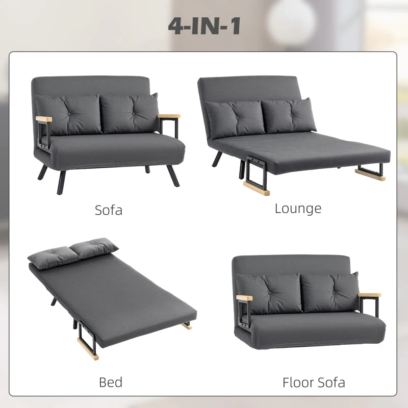 Luxurious Velvet-Feel Double Sofa Bed with Pillows in Dark Grey - Versatile 4-in-1 Design