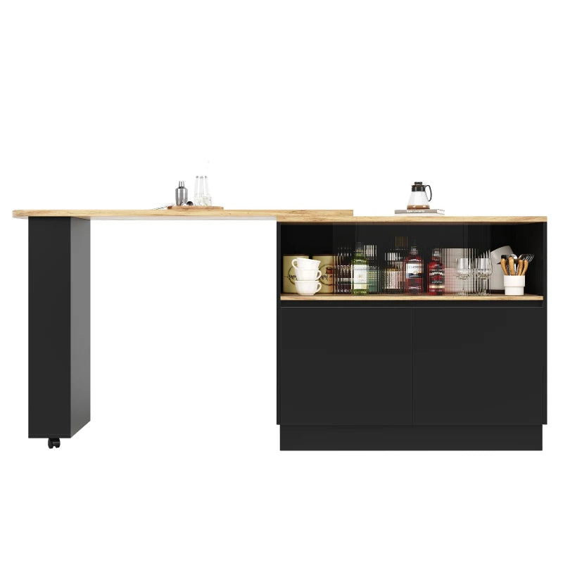 360° Swiveling Black Dining Bar Cabinet with Sliding Glass Doors & Open Shelves - Rotating Table, 90L x 120W x 100H cm