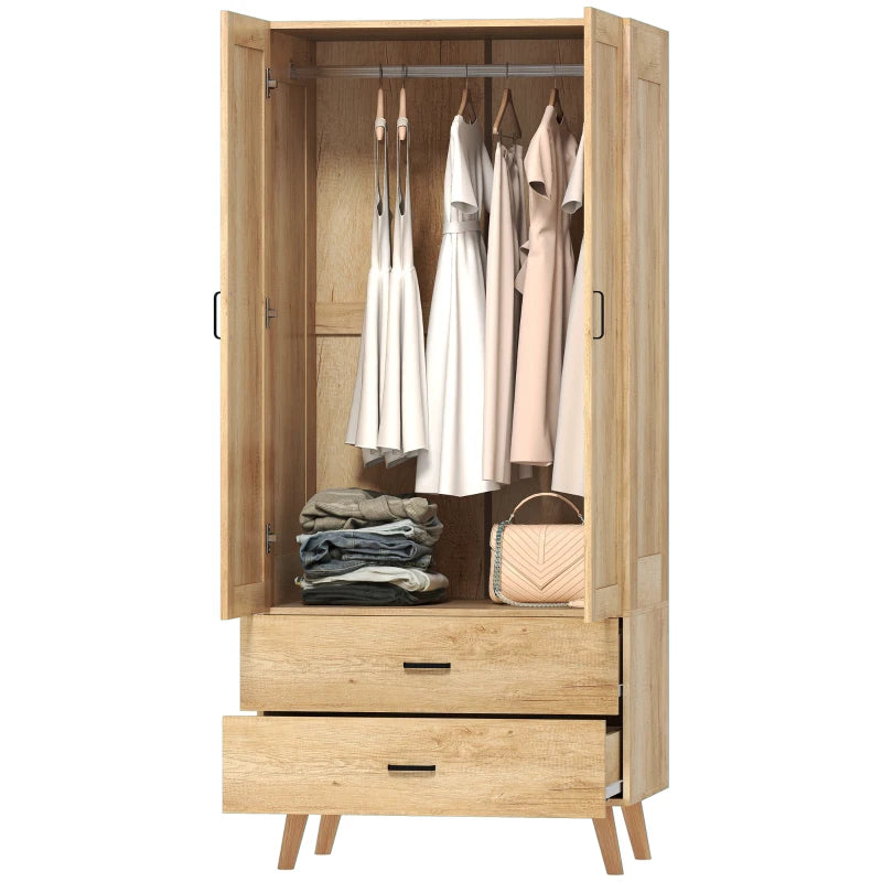 Modern 2 Door Wardrobe with Drawers and Hanging Rail for Stylish Bedroom Storage