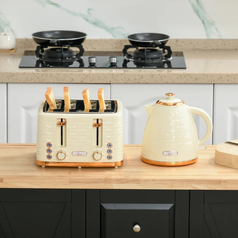3000W Beige Kettle & 4 Slice Toaster Set - 1.7L Rapid Boil, 7 Browning Controls, Easy Clean Crumb Tray