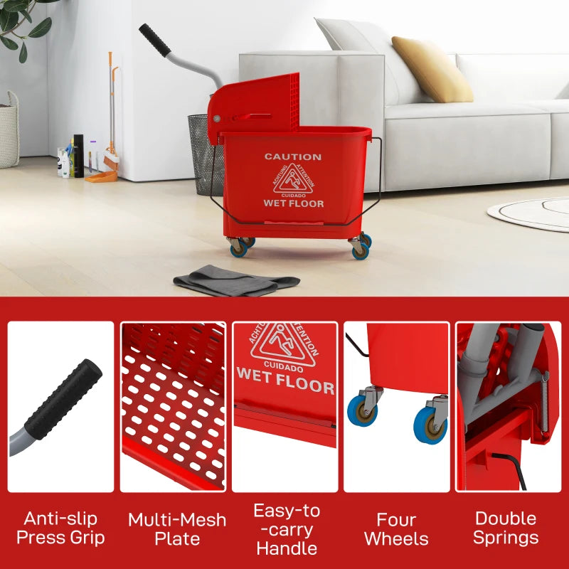 20L Compact Mop Bucket on Wheels with Water Separation Panel - Red | Ideal for Easy Cleaning and Storage