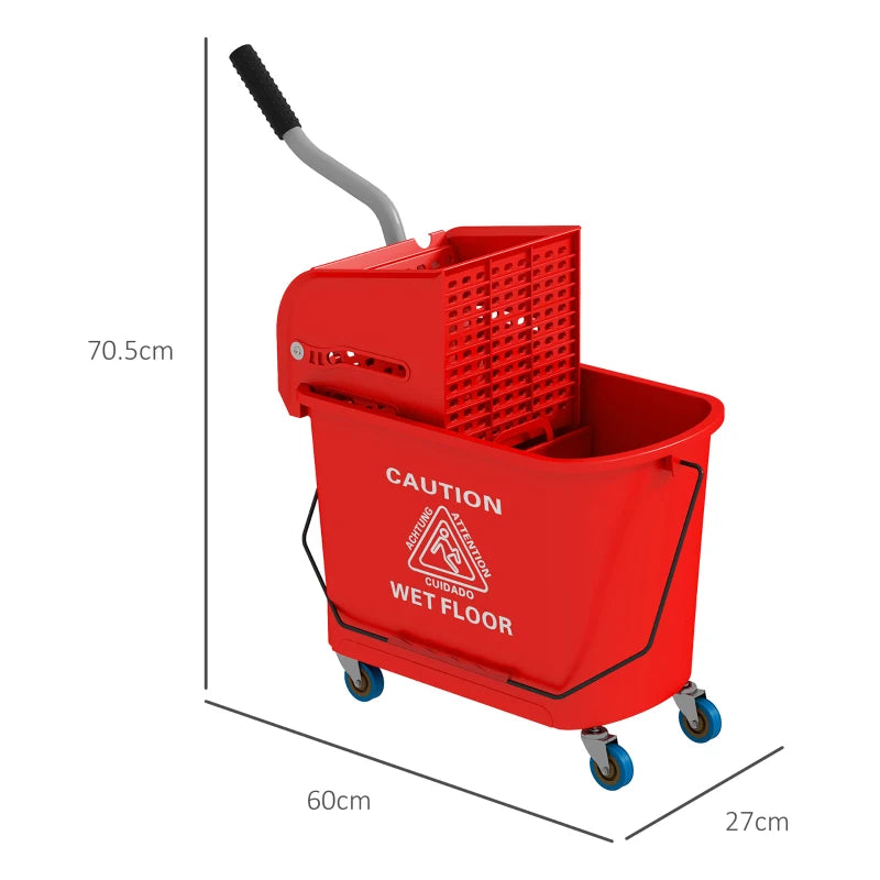 20L Compact Mop Bucket on Wheels with Water Separation Panel - Red | Ideal for Easy Cleaning and Storage