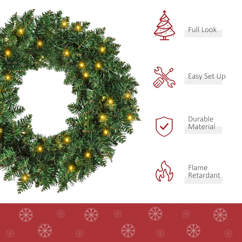 55CM Pre-lit Christmas Wreath with 50 Warm White LEDs - Perfect Artificial Door Decoration for Holiday Cheer