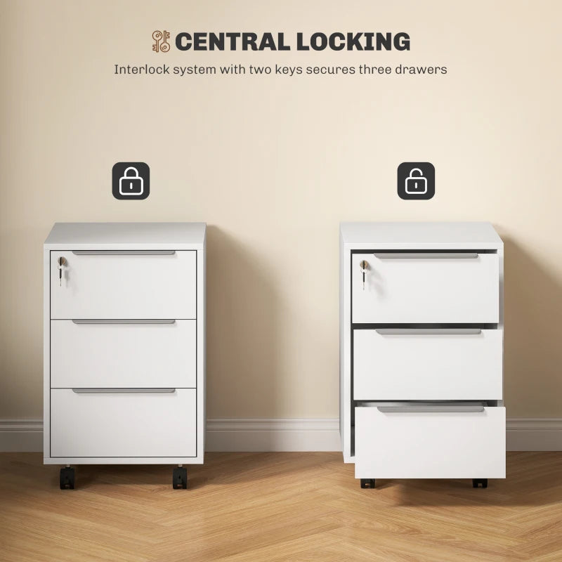 Secure White Three-Drawer Filing Cabinet with Lock - Ideal for Home Office Storage and Organization