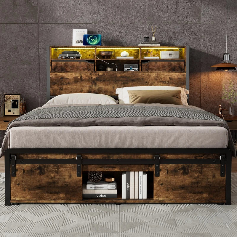 Metal Double Bed with LED Lights & Charging Ports, Storage Base, 209x137.5x114.5 cm, Black & Natural Finish