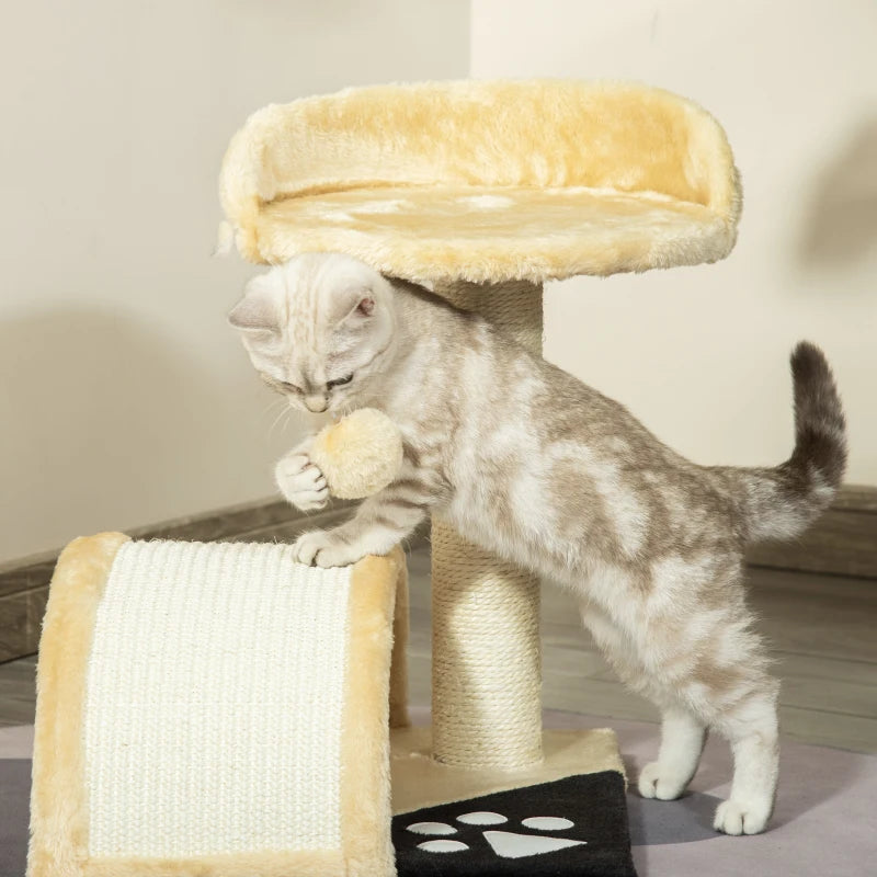 Beige Cat Tree Scratching Post - Kitten Activity Centre with Climber & Hanging Ball - Durable Cat Furniture