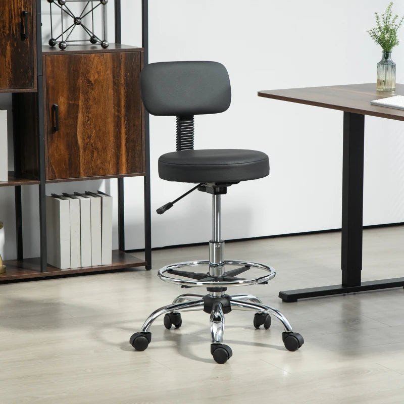 Ergonomic Drafting Chair with Backrest & Adjustable Footrest - Leather Padded Rolling Office Stool for Home & Office, Black