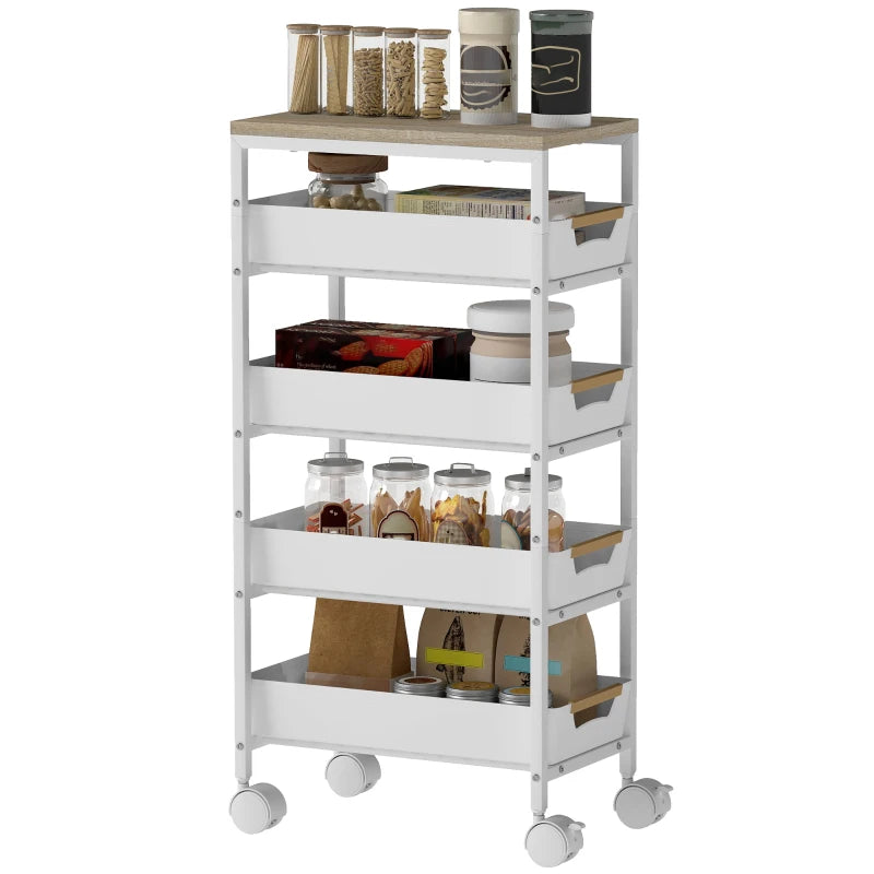 5-Tier Rolling Storage Trolley - White Multi-Functional Organizer Cart with Wheels for Home, Office, and Kitchen