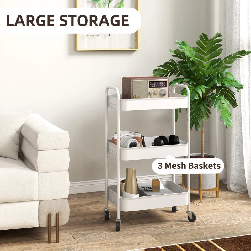 Three-Tier White Steel Storage Trolley - Versatile Rolling Cart for Kitchen, Office, and Home Organization