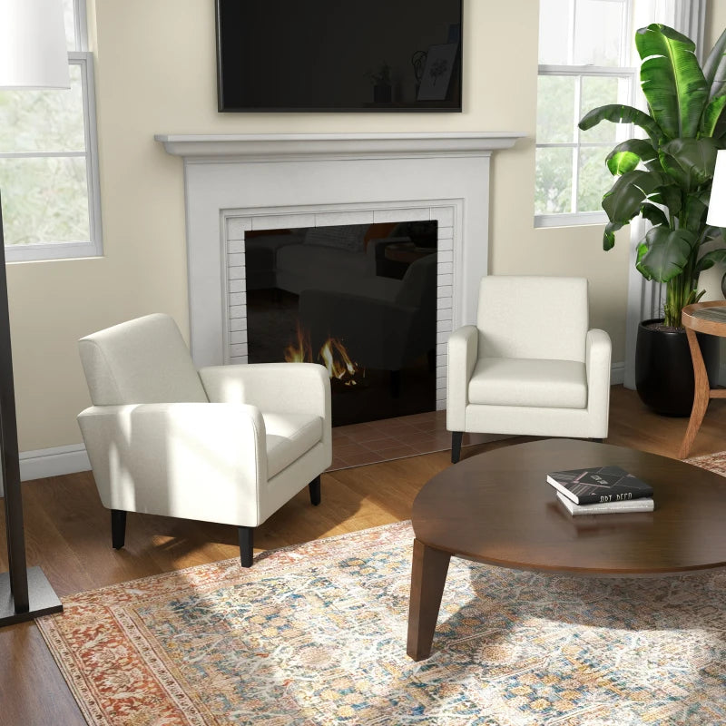 Modern Upholstered Accent Chairs with Rubber Wood Legs for Living Room and Bedroom in Cream White