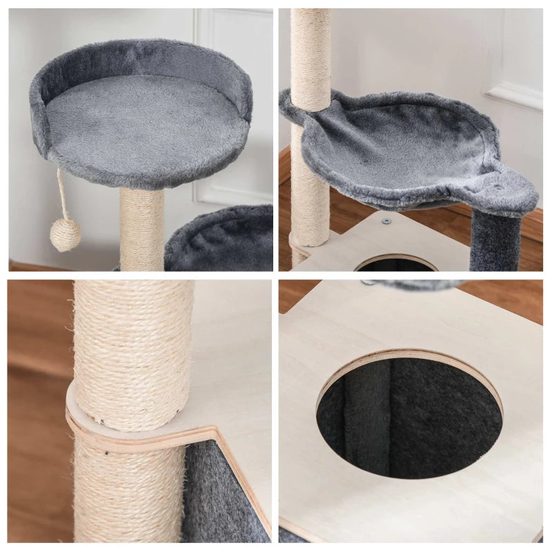 95cm Cat Tree for Indoor Cats - Climbing Tower with Scratching Post, Condo, Hammock & Hanging Toy - Grey